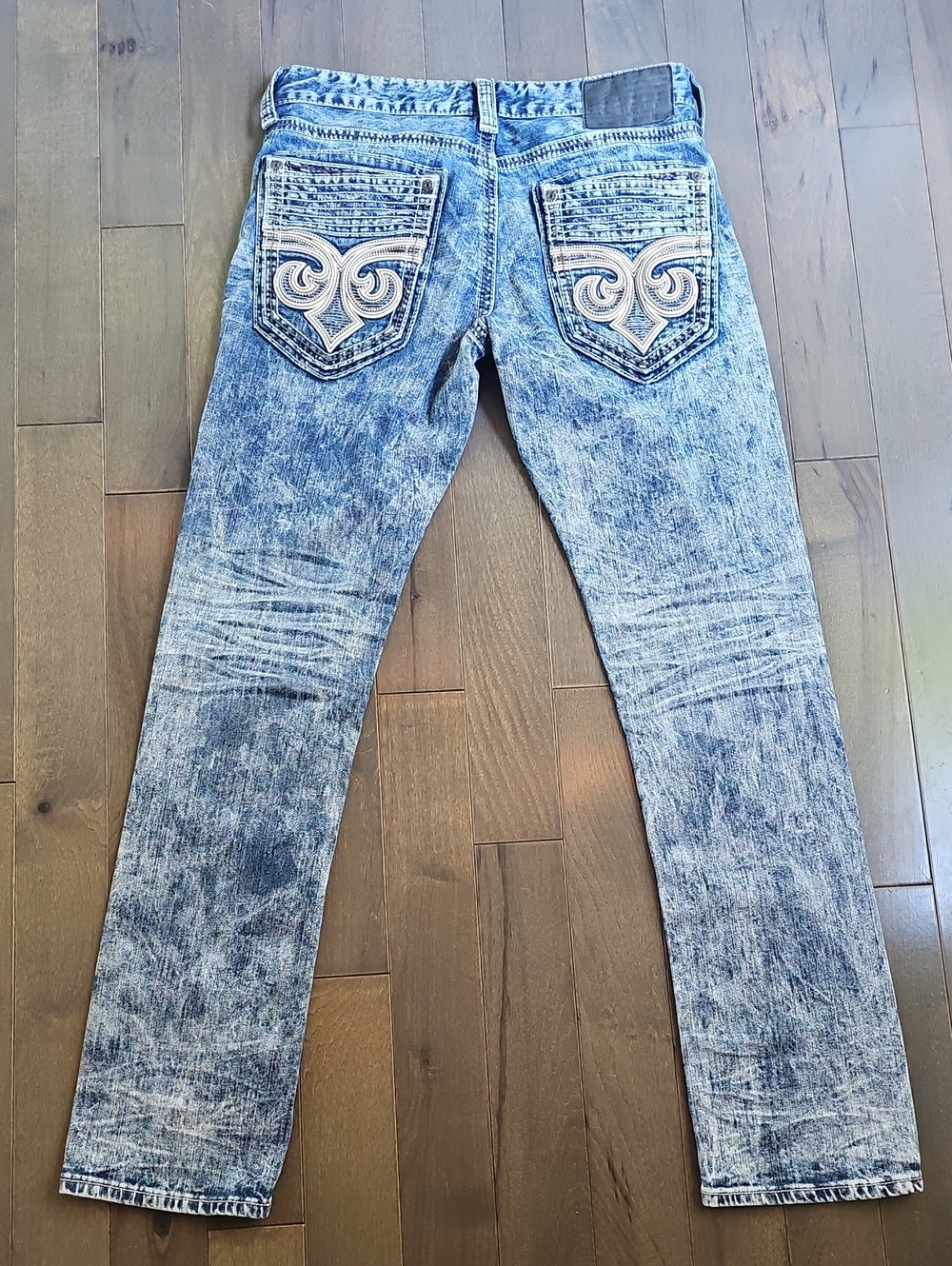 Affliction Mens Gage Jeans, 32x32, Acid Light Wash, Embroidered, Straight Leg